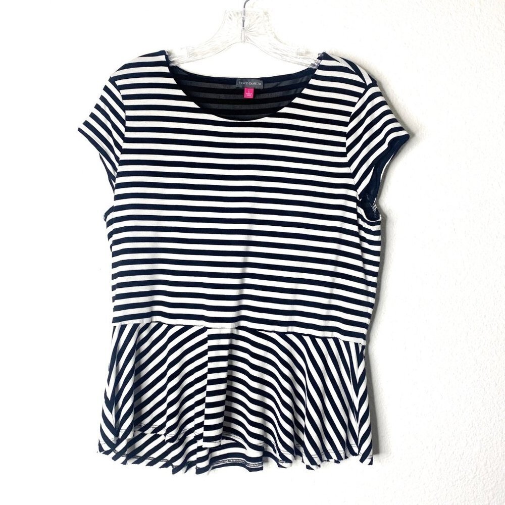 Vince Camuto Black & White Striped Peplum Short Sleeve Mesh Lined Top Size Large
